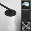 A black shower head with water spraying from it, next to marketing images showing material composition and texture. Produktbild-Vorschau