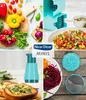 A collage of images showcasing a kitchen gadget and various food items. Produktbild-Vorschau