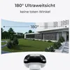 A marketing image showing a security camera with a wide-angle view of a modern house and garden. Produktbild-Vorschau