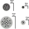 Four LEGO Technic gears of different sizes are shown with their dimensions indicated by measurement lines and text. Produktbild-Vorschau