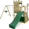 A wooden playground set with a slide and swings, set against a white background.