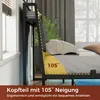 Close-up side view of a bed frame with a pillow and blanket, highlighting the angled headboard with a graphic overlay indicating a 105-degree tilt. Produktbild-Vorschau