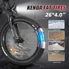 Close-up of a fat tire on an electric bicycle, with marketing text and images showing different road conditions. Produktbild-Vorschau