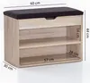 A shoe bench with a padded seat and storage shelves, shown with dimensions indicated by text overlays. Náhľad obrázku produktu