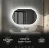 A bathroom mirror with integrated LED lighting is shown above a sink, with marketing text and icons at the bottom. Produktbild-Vorschau