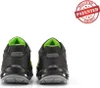 The back view of two black and green safety shoes on a white background. Voir les images du produit