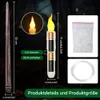 Diagram showing LED candles, batteries, and accessories with dimensions. Produktbild-Vorschau