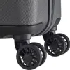 A close-up view of the wheels and bottom corner of a dark gray suitcase. Produktbild-Vorschau