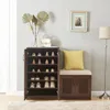A shoe cabinet with a bench and a yellow cushion in a room. Voir les images du produit