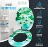 A toilet seat with a floral pattern is displayed, with marketing text and icons highlighting product benefits. Produktbild-Vorschau
