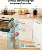 A child is reaching for kitchen cabinets, with a blue overlay indicating a detection zone. Produktbild-Vorschau
