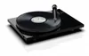 A black turntable with a vinyl record on it, shown from a slightly elevated angle. Produktbild-Vorschau