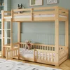 A wooden bunk bed with a ladder and safety rails, set up in a child's room with a stuffed dog on the lower bunk. Podgląd zdjęcia produktu