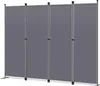 A four-panel folding room divider with gray fabric panels and silver metal poles, shown from the front. Voir les images du produit