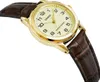 A close-up, angled view of a gold-toned Casio watch with a cream dial and a brown leather strap, set against a white background. Produktbild-Vorschau
