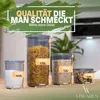 Four clear plastic food storage containers of varying sizes are displayed on a wooden surface, filled with different food items. Text overlays provide dimensions and volume information. Anteprima dell’immagine prodotto