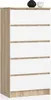 A tall, narrow chest of drawers with a wood-grain frame and white drawer fronts, shown against a white background. Two decorative spheres sit on top. Náhled obrázku produktu