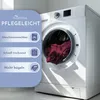 A washing machine with a red garment inside, next to a panel listing product features. Produktbild-Vorschau