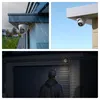 A collage of three images showing a dome security camera in different scenarios: during rain, under a clear sky, and at night near a garage with a person present. Anteprima dell’immagine prodotto