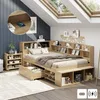 A bedroom with a wooden bed frame, shelves, and a nightstand, featuring a skylight. Voir les images du produit