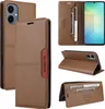 Collage of images showing a brown leather flip wallet phone case from different angles, including its card slots and stand feature. Produktbild-Vorschau