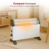 A white electric heater with a glowing orange element is placed on a rug in a room, with furniture in the background. Produktbild-Vorschau