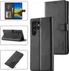 A collage of images showing a black leather flip wallet case for a Samsung Galaxy S25 Ultra phone, including views of the interior card slots, the case in a stand position, and a close-up of the camera cutout. Produktbild-Vorschau