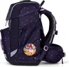 A side view of a purple backpack with white polka dots and pink accents. Produktbild-Vorschau