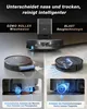 Collage showing a robot vacuum cleaner with different features highlighted. Produktbild-Vorschau