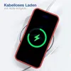 A red phone case is shown on a wireless charger with the phone displaying a charging animation. Produktbild-Vorschau