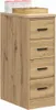 A tall, narrow cabinet with four drawers, shown from a three-quarter angle against a white background. The cabinet has a wood-grain finish and black drawer pulls. Several clear plastic containers and a wooden tray are placed on top of the cabinet. Produktbild-Vorschau