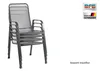 A stack of four grey metal chairs with armrests, shown against a white background. Logos and text indicating origin and features are present in the upper right corner and lower right corner. Produktbild-Vorschau