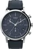 A close-up studio shot of a Timex chronograph watch with a blue dial and a dark blue leather strap. Podgląd zdjęcia produktu