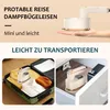 A collage showing a portable steam iron, packed in a suitcase, and stored in a drawer. Produktbild-Vorschau