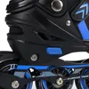 A close-up view of the side of a black and blue rollerblade, showing the wheels and frame. Voir les images du produit