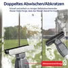 A window cleaning device is shown in action, with foam and water on a window. The background shows a blurred outdoor scene with a building. Produktbild-Vorschau