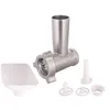 A set of accessories for a meat grinder, including a feeding tray, stuffing tubes, and grinding plates. Podgląd zdjęcia produktu