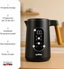 A black electric kettle with a wooden handle is shown on a wooden countertop, with a shelf and bowls in the background. Text overlays describe the product's features. Produktbild-Vorschau