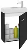 A bathroom vanity with a sink and faucet, showing storage space with toilet paper and cleaning supplies. Produktbild-Vorschau