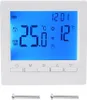 A digital thermostat with a blue LCD screen displaying temperature and time, mounted on a white surface. Two screws are visible at the bottom. Produktbild-Vorschau