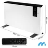 A white electric heater with a black top and a remote control in front of it, with dimensions indicated. Voir les images du produit