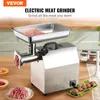 A VEVOR electric meat grinder is shown on a wooden table, with raw meat in the tray and ground meat in a pile and formed into meatballs on a plate with lettuce. Produktbild-Vorschau