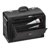 A black leather briefcase is shown with its front compartment open, revealing organized sections and a newspaper inside. Produktbild-Vorschau