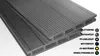 A close-up, angled view of stacked composite decking boards, with text and icons highlighting product features. Produktbild-Vorschau