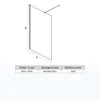 A technical drawing of a shower wall with dimensions and a table showing product specifications. Voir les images du produit