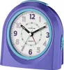 A close-up studio shot of a purple and blue analog alarm clock. Produktbild-Vorschau