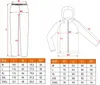 A diagram showing the measurements for a men's rain set, including a hooded jacket and pants, with a table of sizes and corresponding measurements. Produktbild-Vorschau