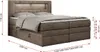 A brown boxspring bed with a lit headboard and storage drawers, shown with dimensions indicated. Produktbild-Vorschau