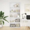 A white bookshelf filled with books and decorative items, next to a large potted plant and a desk with a laptop and lamp. Produktbild-Vorschau