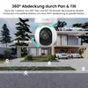 A 3D rendering of a Reolink PTZ camera mounted on a modern house, illustrating its 360-degree coverage with pan and tilt functionality. Produktbild-Vorschau